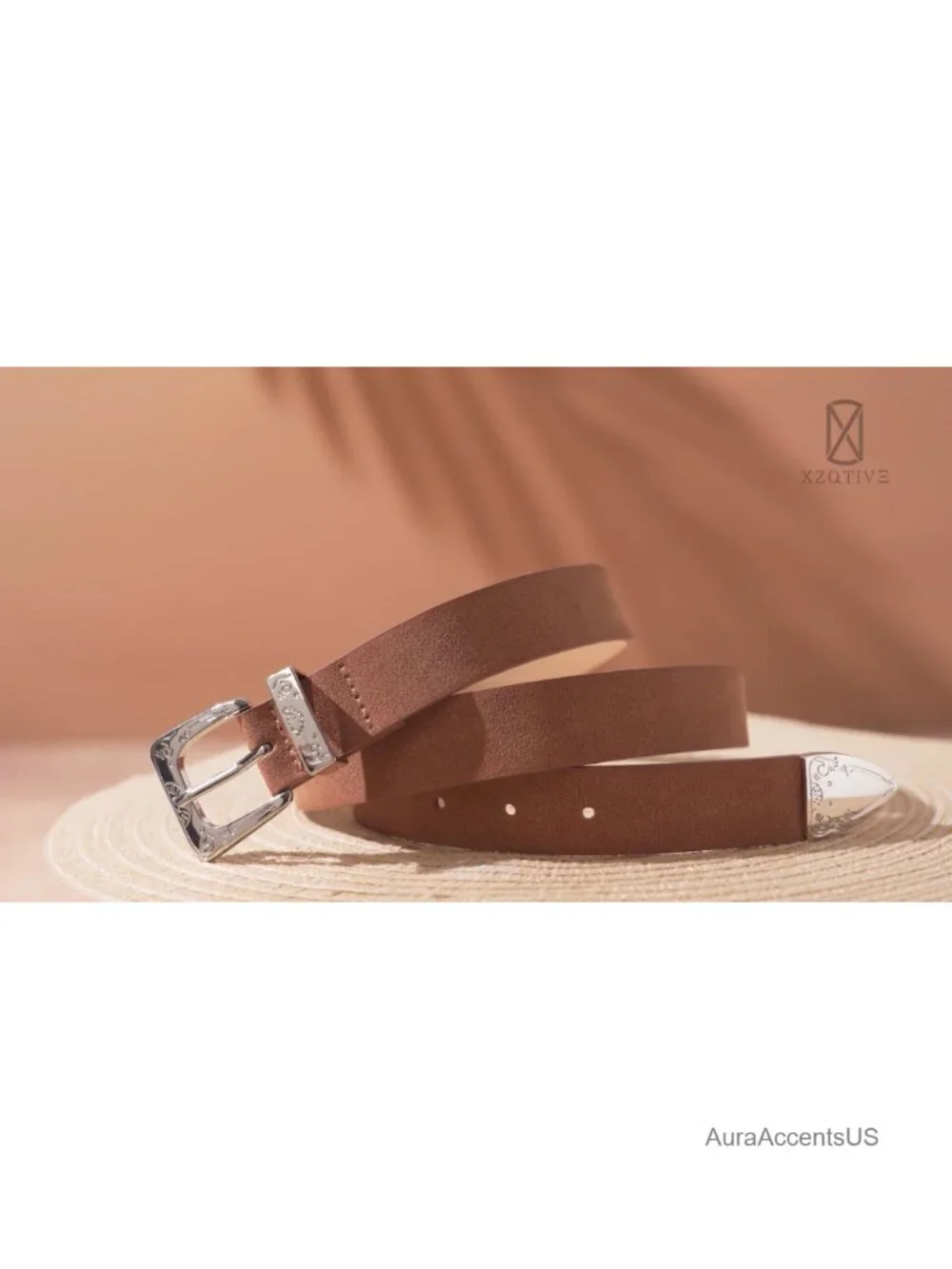 Women's Western Suede Belt with Floral Engraved Silver Buckle